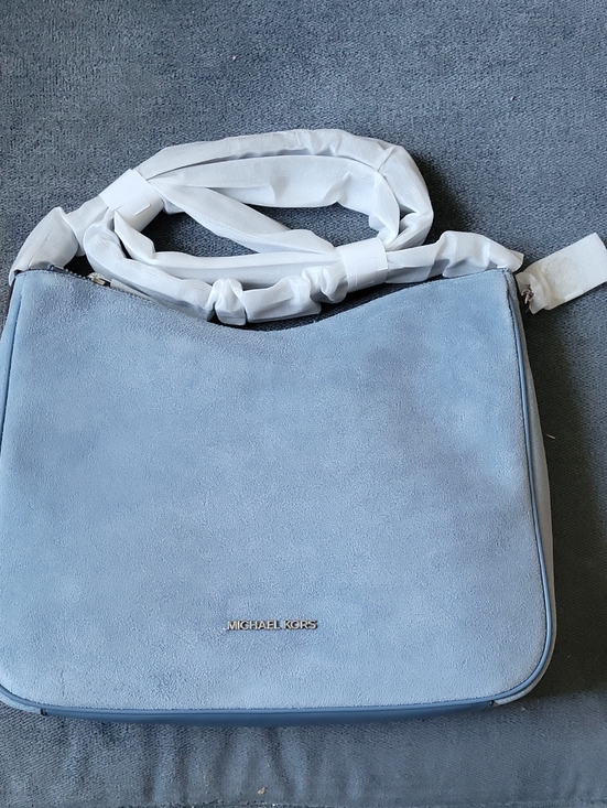 Michael Kors Handbags - Michael Kors Light Blue Suede Shoulder Bag with Gold Logo